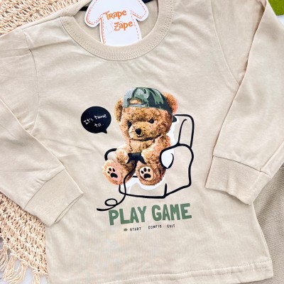 Conj. Blusa Manga Longa Ursinho Play Game e Calça Saruel de Moletinho - Areia